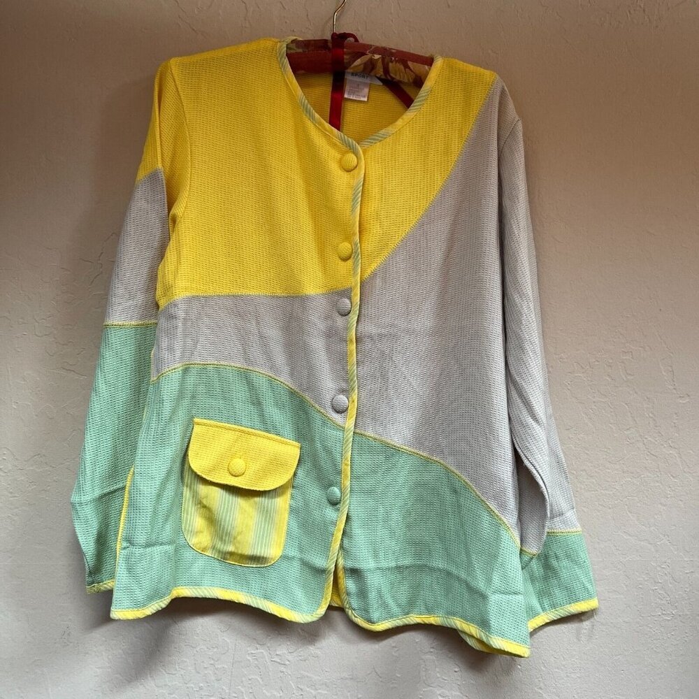 Adolfo Sport Womens Colorblock Waffle Knit Cardigan Sweater Small Yellow Pocket